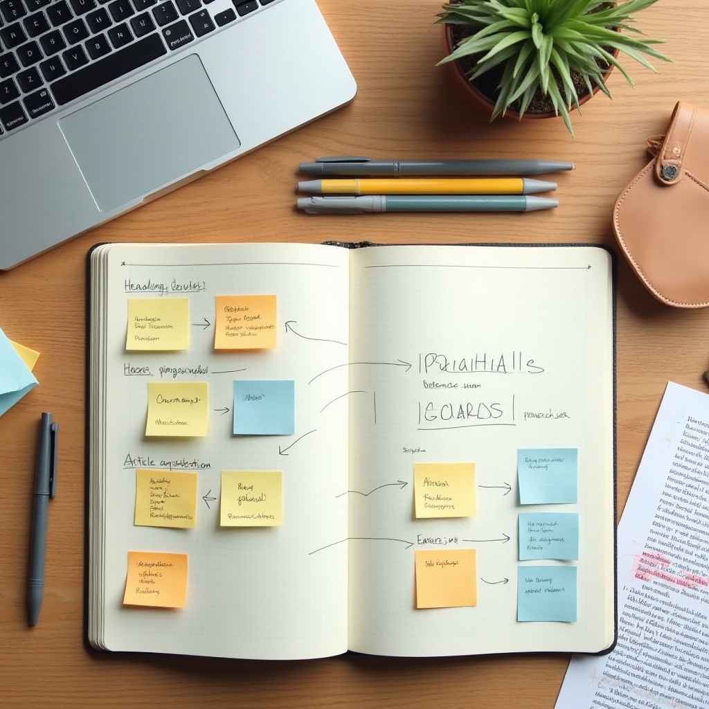Open notebook with article structure planning notes and subheading outlines beside a laptop on a wooden desk