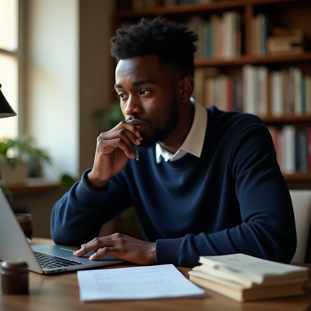 Writer in their 30s reviewing article structure on a laptop at an organized home office desk with books and a coffee mug