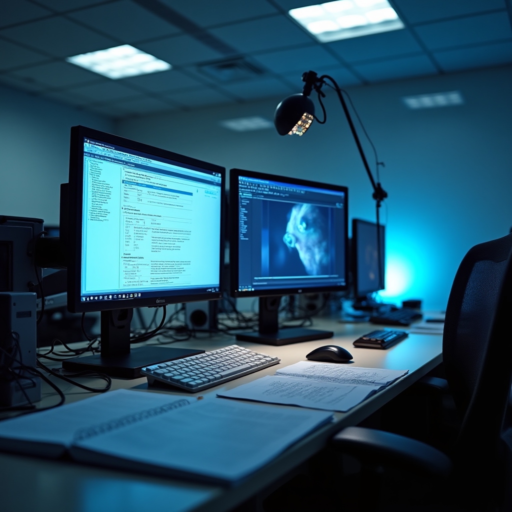 Academic research lab with eye tracking equipment and computer monitors showing reading study data
