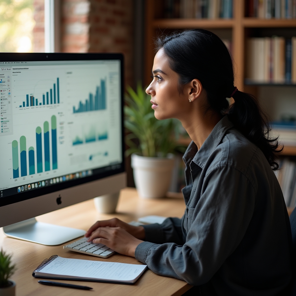 Researcher analyzing scroll depth data on a monitor in a home office