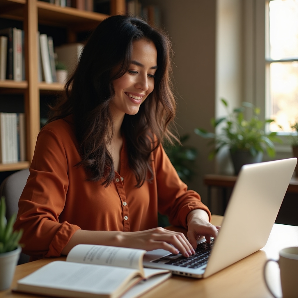 Solo content creator in their late 20s working at a desk with a laptop, notebook, and coffee in a well-lit home office with bookshelves
