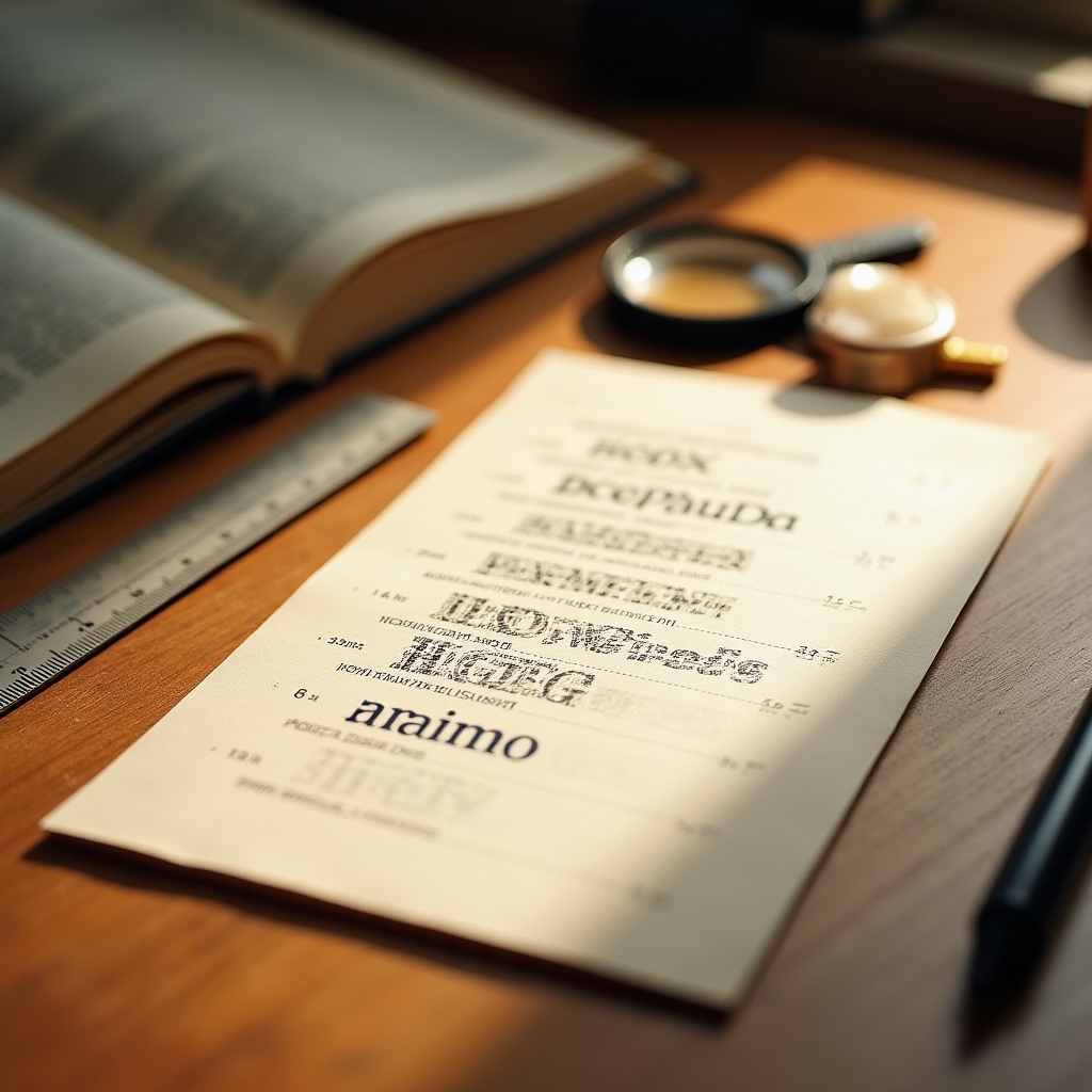 Close-up of a printed typography specimen showing line spacing and font size variations on a desk
